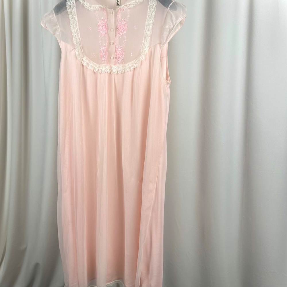 Vintage 60s Pink Sheer Nightgown | Belinda Lace Nylon Slip S/M - Picture 3 of 13